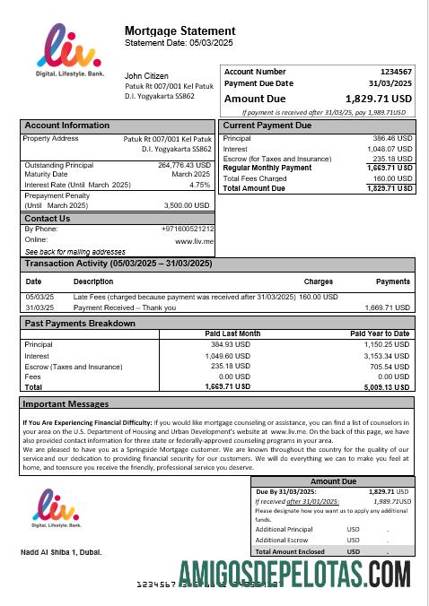 Emirados Árabes Unidos Liv. Extrato de hipoteca de banco digital em formatos Word e PDF exemplo